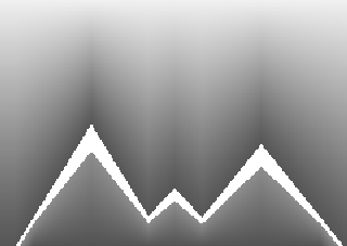 Grayscale PNG heightmap source for a mountain landscape: bright sky, three snow-capped peaks and darker layered slopes in front