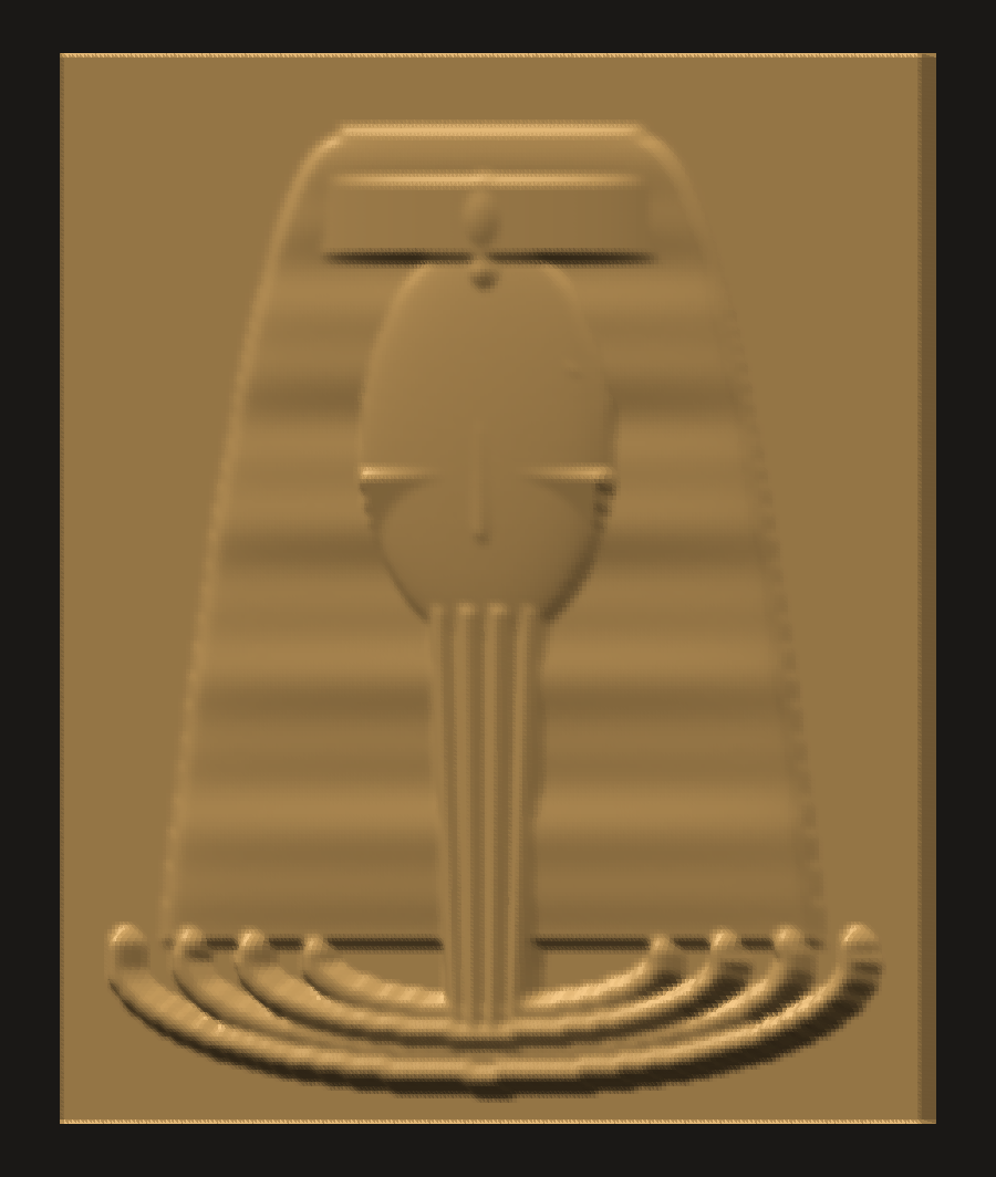 Golden Egyptian pharaoh bas-relief STL model rendered on black background, converted from a grayscale PNG heightmap by png2stl.com