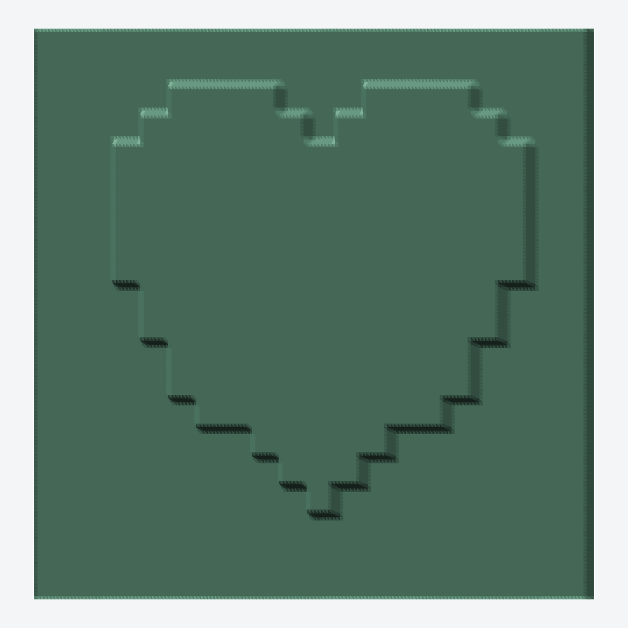 Emerald green blocky pixel-art heart relief rendered in 3D as chunky voxel-like geometry, converted from a PNG pixel heightmap by png2stl.com