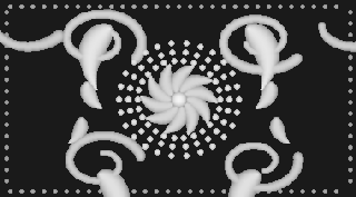 Grayscale PNG heightmap source for Rococo scrollwork: mirrored acanthus volutes, central rosette and beaded border drawn as white strokes on dark ground